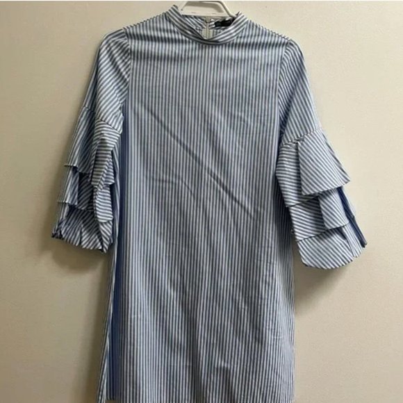 Zara Basic Stripe Shift Dress with Frilled Sleeves M - Picture 4 of 9
